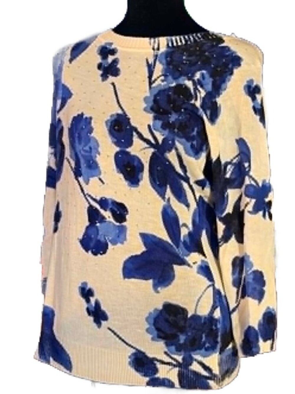 Rebecca Minkoff PS Cream Blue Floral Sweater Metallic Accents Soft Knit